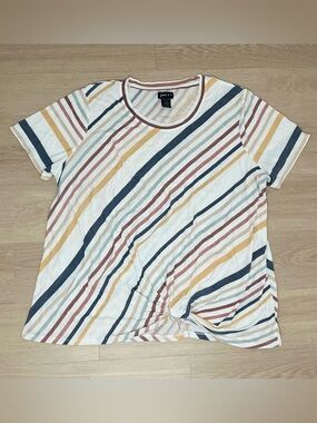 Joei & I Striped Twist Front Tee - White with Blue, Mustard Stripes Size 3X
